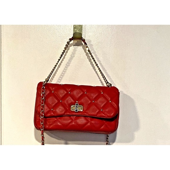 Badgley Mischka Red Quilted Vegan Leather Purse Gold Studded Crossbody Bag 10x6 - Picture 5 of 13